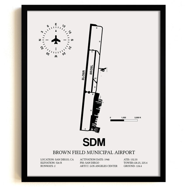 Framed Detailed Airport Map of Brown Field Municipal Airport (SDM) in White with a Black Frame