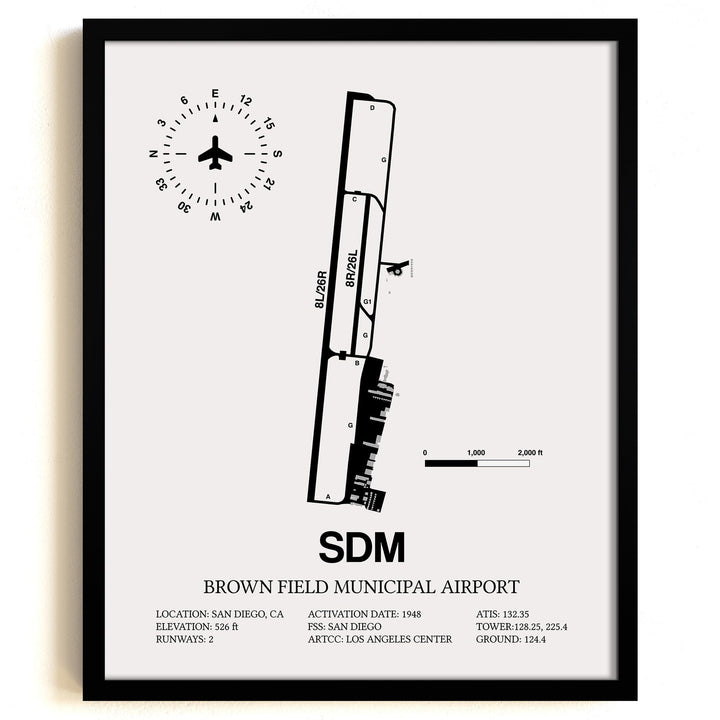 Framed Detailed Airport Map of Brown Field Municipal Airport (SDM) in White with a Black Frame