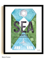 Framed Watercolor Print of Seattleâ€“Tacoma International Airport (SEA) with a Black Frame