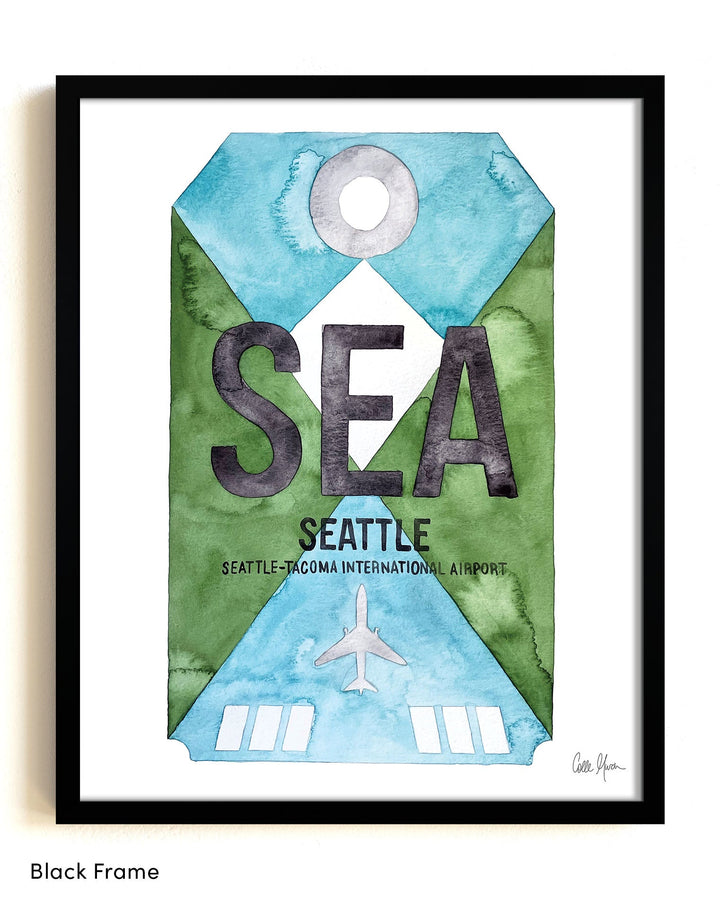 Framed Watercolor Print of Seattle–Tacoma International Airport (SEA) with a Black Frame