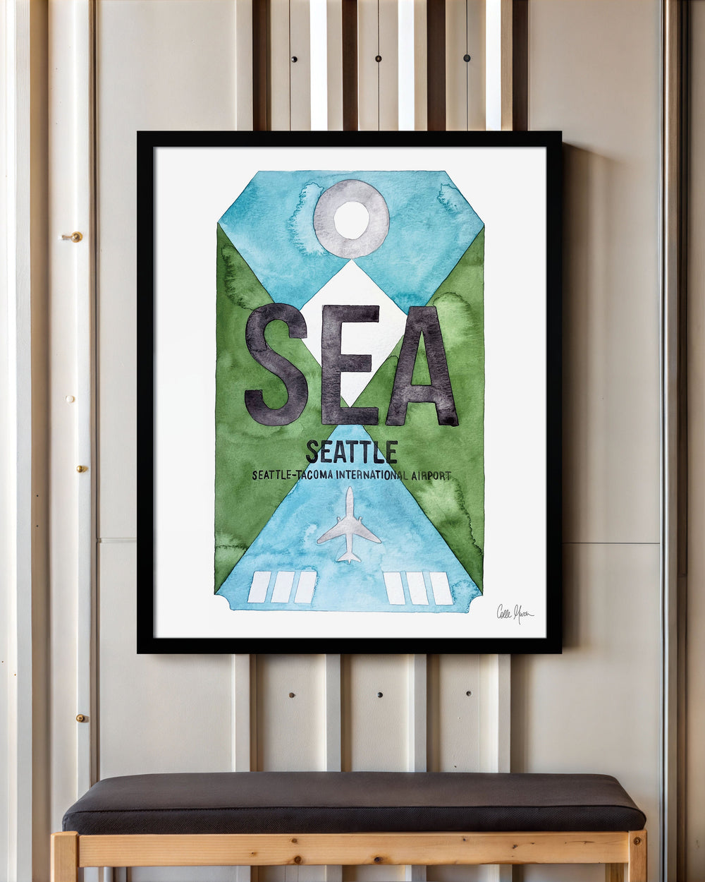 Framed Watercolor Print of Seattle–Tacoma International Airport (SEA) with a Black Frame