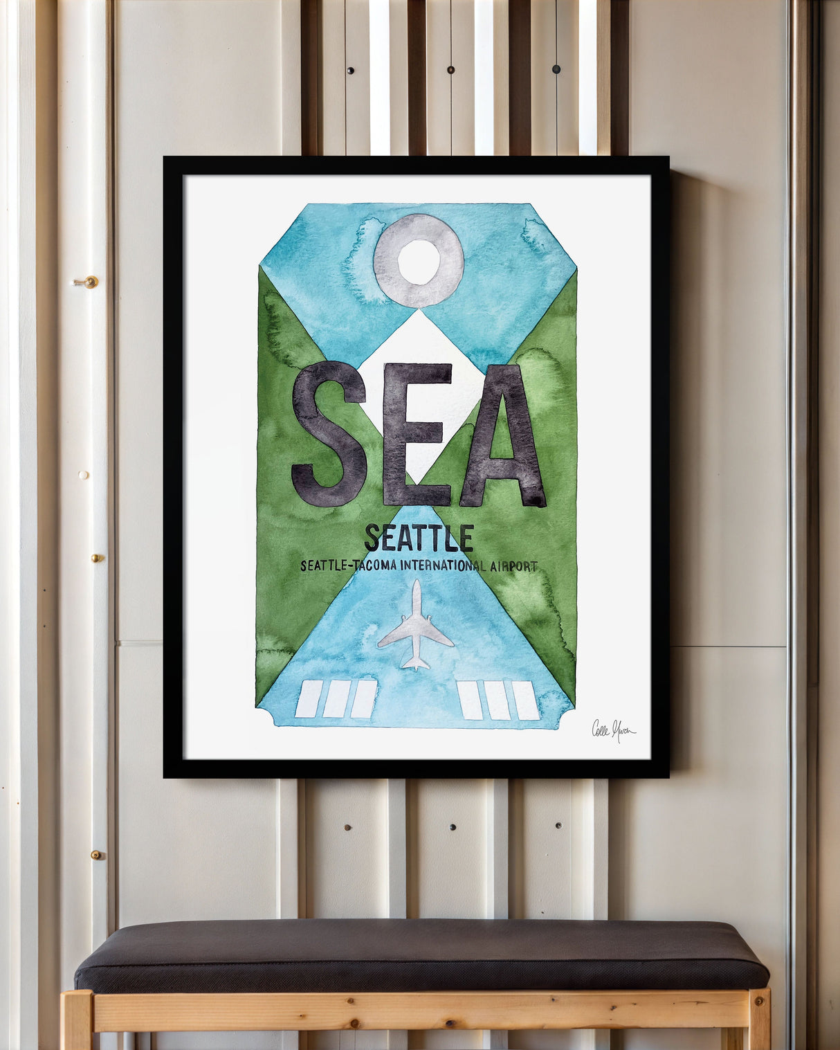 Framed Watercolor Print of Seattleâ€“Tacoma International Airport (SEA) with a Black Frame