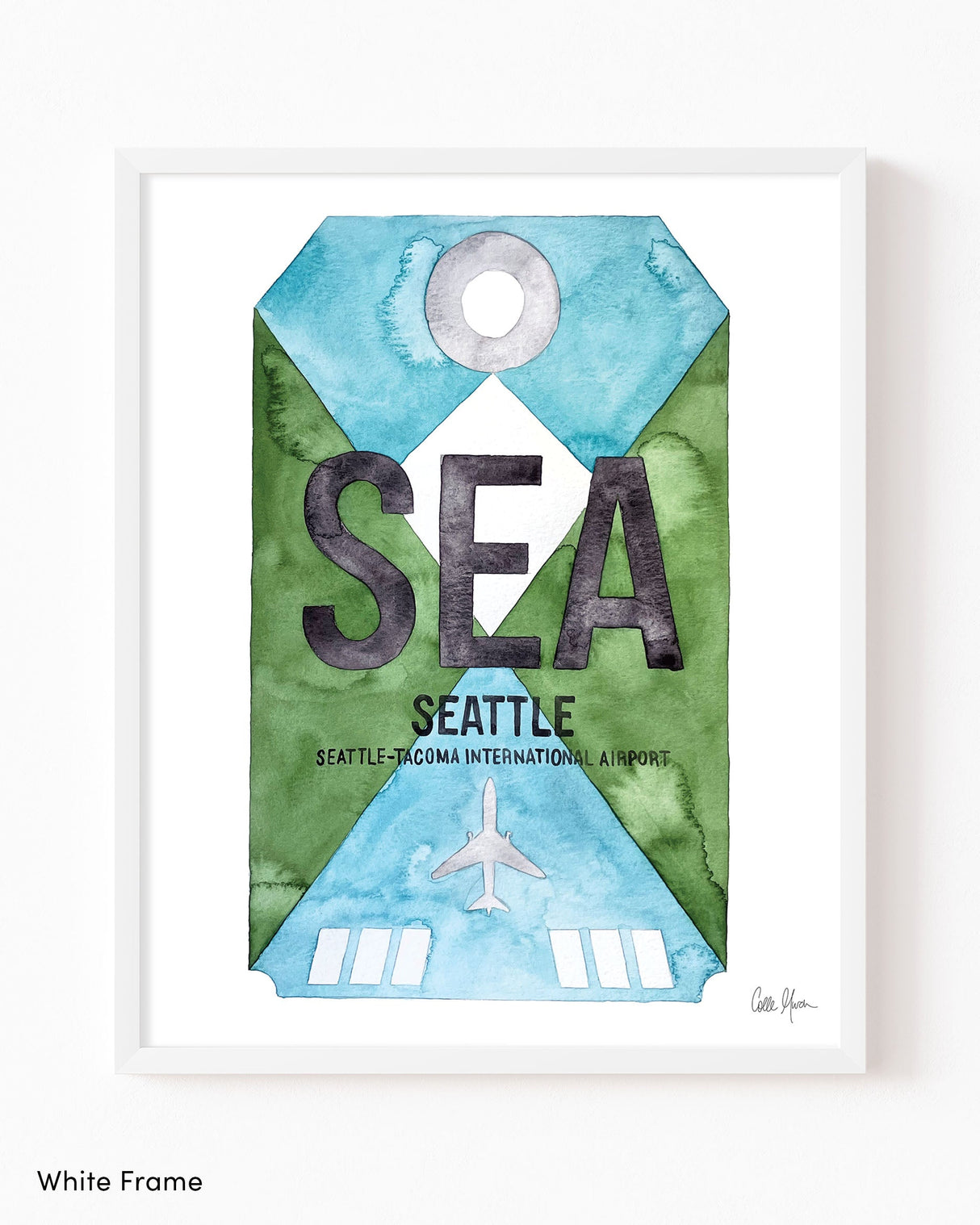 Framed Watercolor Print of Seattleâ€“Tacoma International Airport (SEA) with a White Frame