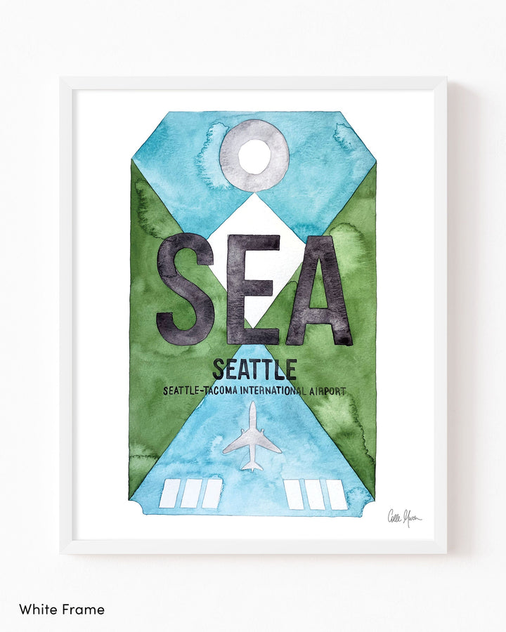 Framed Watercolor Print of Seattle–Tacoma International Airport (SEA) with a White Frame