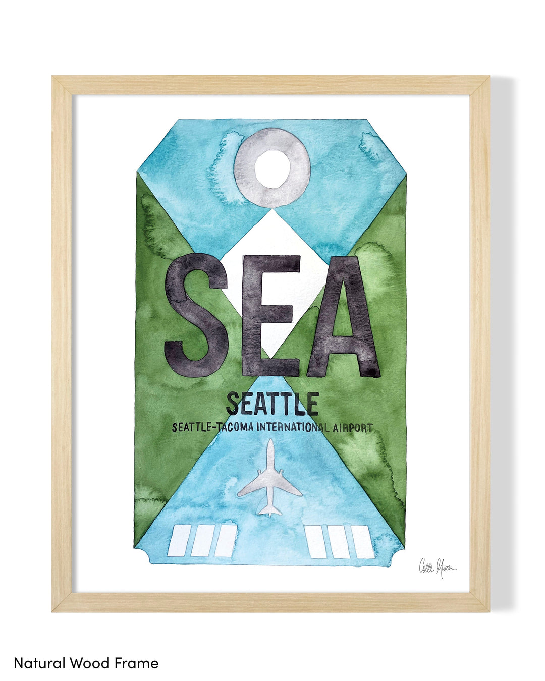 Framed Watercolor Print of Seattle–Tacoma International Airport (SEA) with a Natural Wood Frame