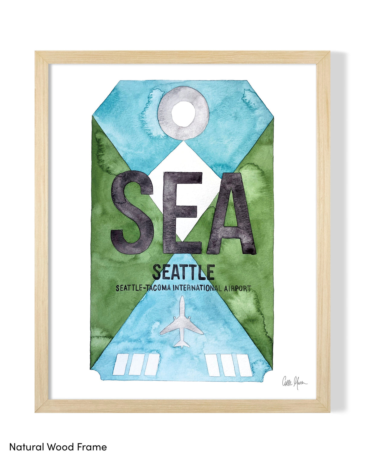 Framed Watercolor Print of Seattleâ€“Tacoma International Airport (SEA) with a Natural Wood Frame