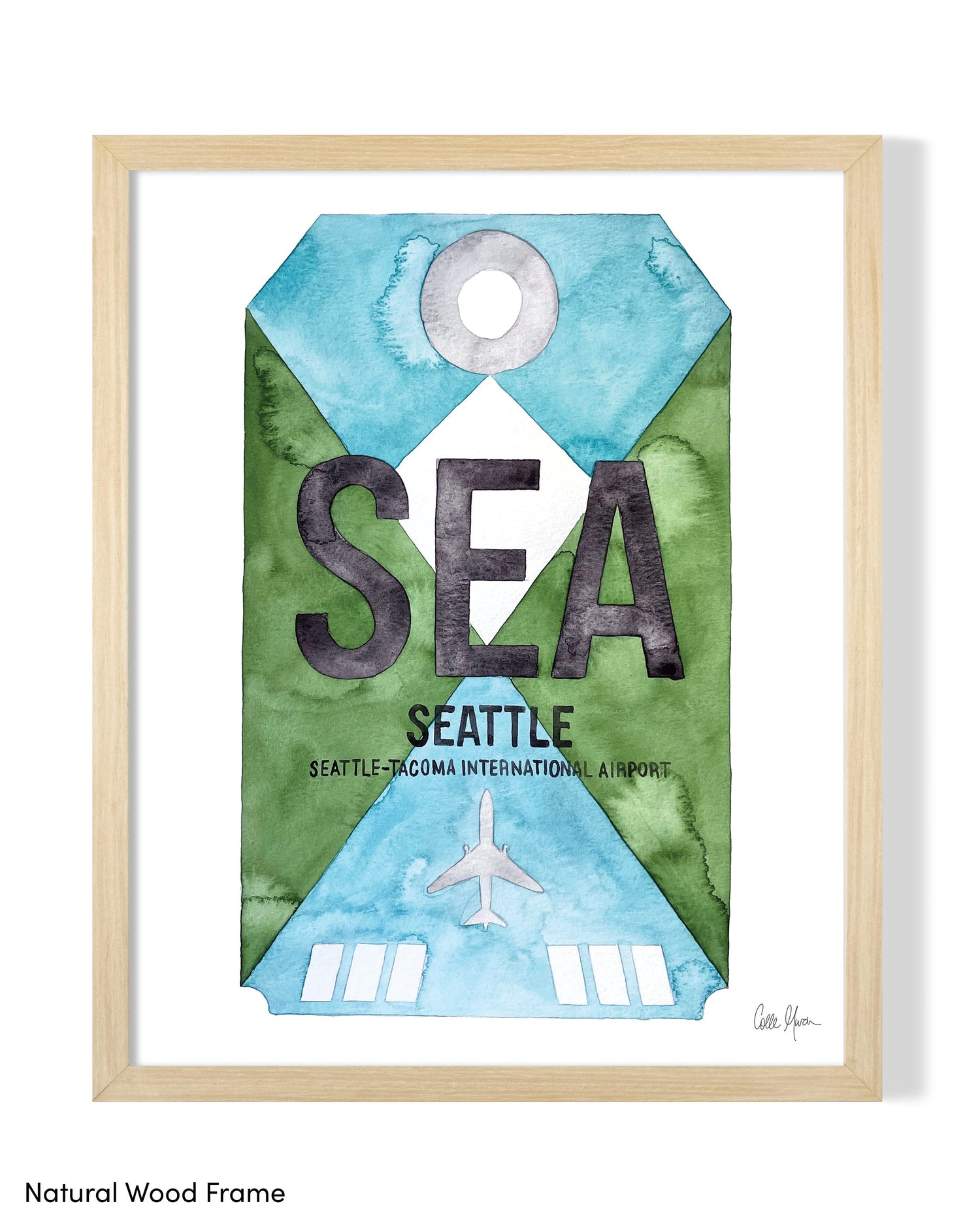 Framed Watercolor Print of Seattleâ€“Tacoma International Airport (SEA) with a Natural Wood Frame