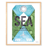 Framed Watercolor Print of Seattleâ€“Tacoma International Airport (SEA) with an Oak Frame