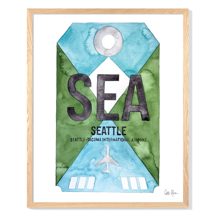 Framed Watercolor Print of Seattle–Tacoma International Airport (SEA) with an Oak Frame
