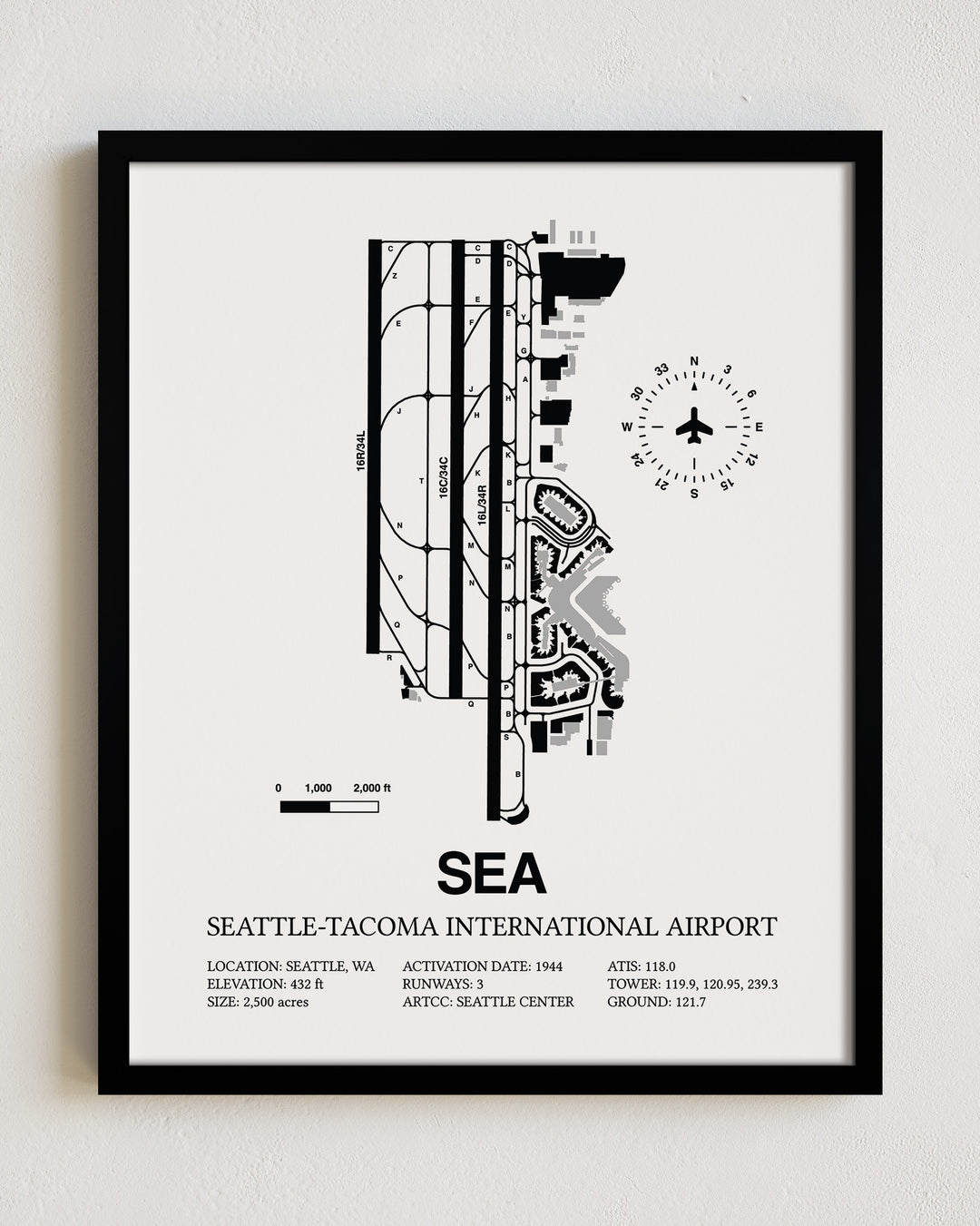 SEA Airport Map, Seattle Tacoma International Airport Print