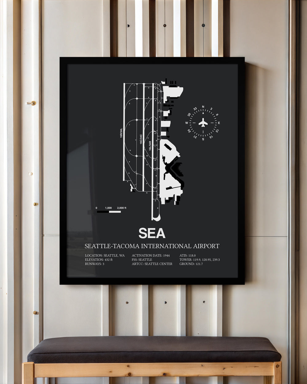 Framed Detailed Airport Map of Seattle Tacoma International Airport (SEA) in Gray with a Black Frame