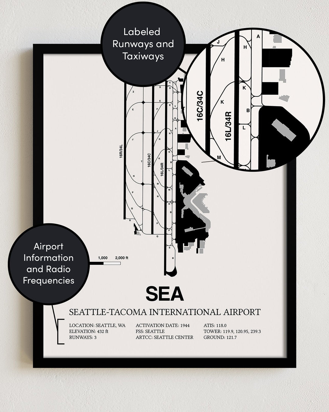 Framed Detailed Airport Map of Seattle Tacoma International Airport (SEA) in White with a Black Frame