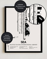 Framed Detailed Airport Map of Seattle Tacoma International Airport (SEA) in White with a Black Frame