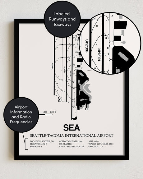 Framed Detailed Airport Map of Seattle Tacoma International Airport (SEA) in White with a Black Frame