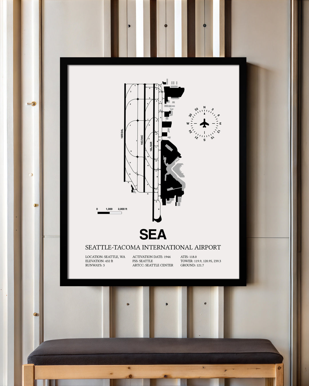 Framed Detailed Airport Map of Seattle Tacoma International Airport (SEA) in White with a Black Frame