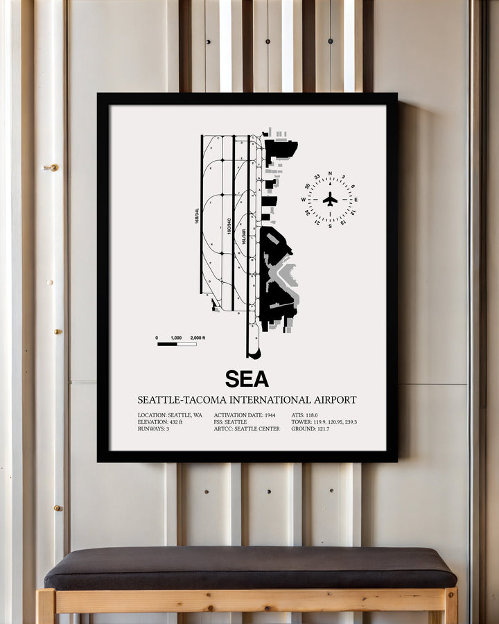 Framed Detailed Airport Map of Seattle Tacoma International Airport (SEA) in White with a Black Frame
