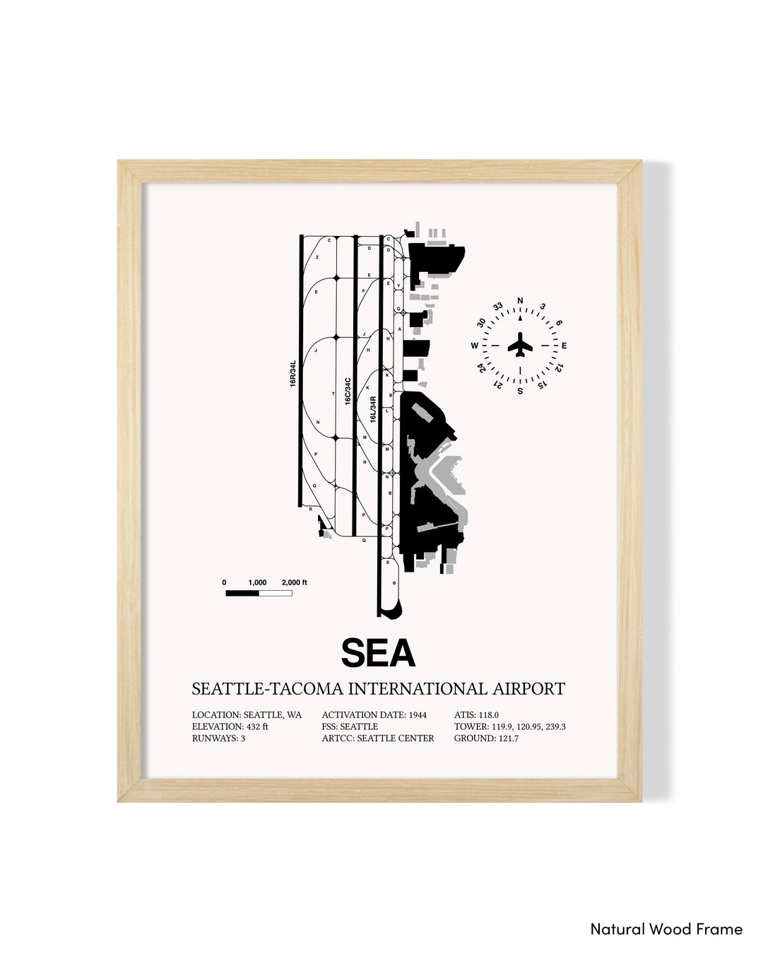 Detailed Airport Map of Seattle Tacoma International Airport (SEA) in White with a Natural Frame