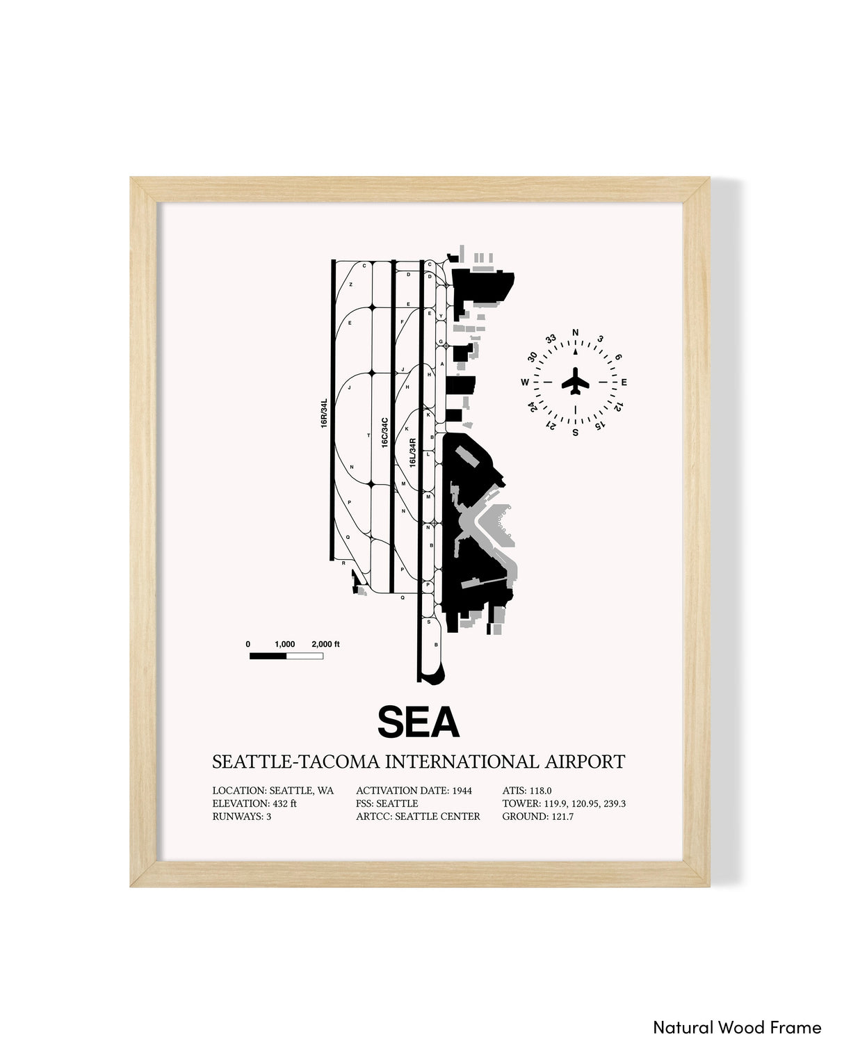 Detailed Airport Map of Seattle Tacoma International Airport (SEA) in White with a Natural Frame