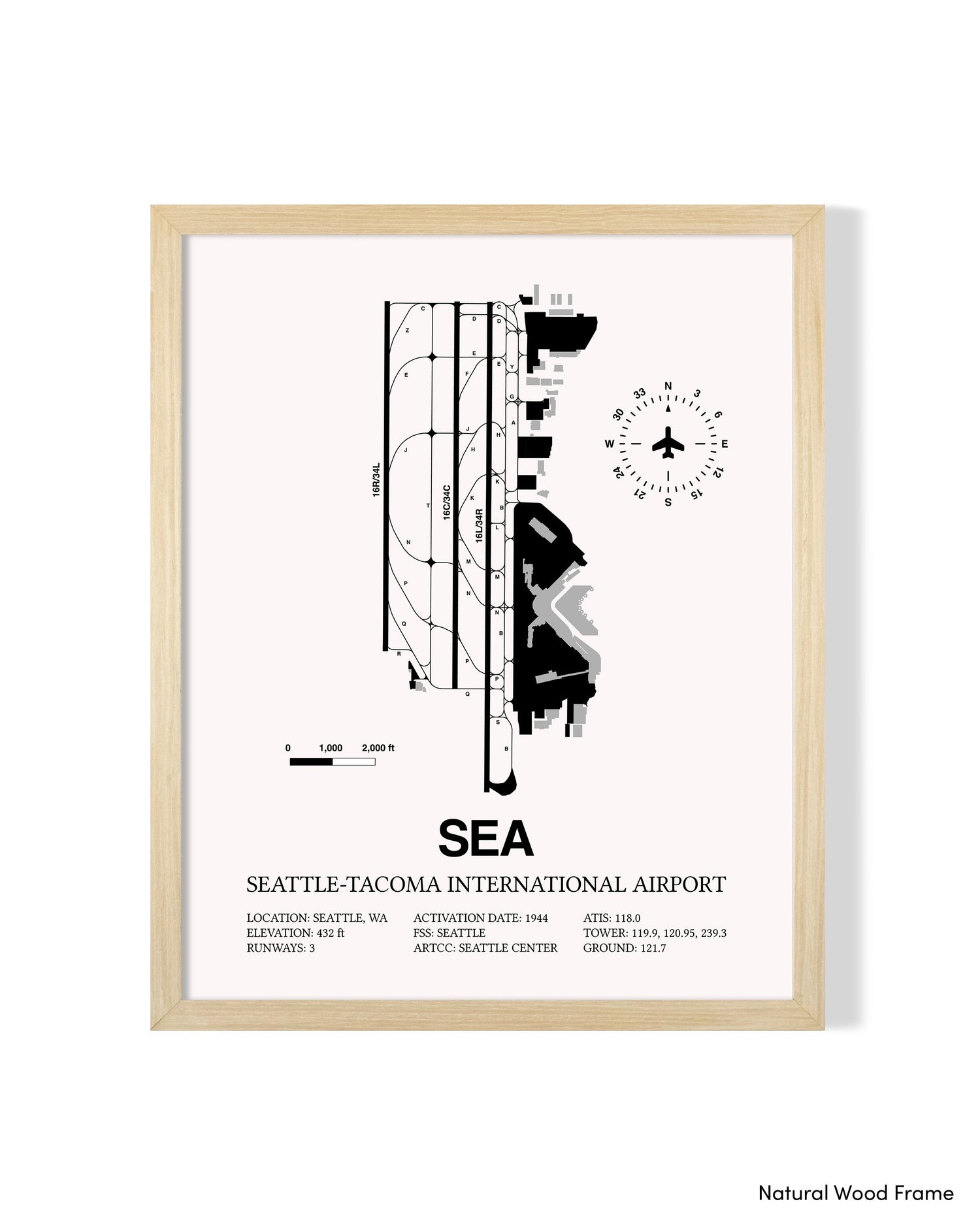 Detailed Airport Map of Seattle Tacoma International Airport (SEA) in White with a Natural Frame