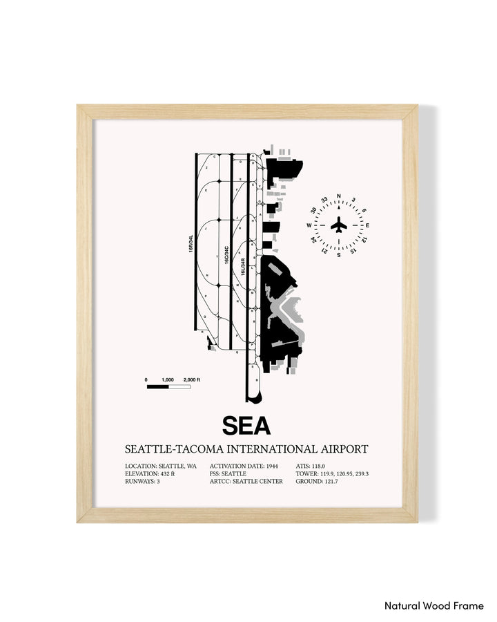 Detailed Airport Map of Seattle Tacoma International Airport (SEA) in White with a Natural Frame