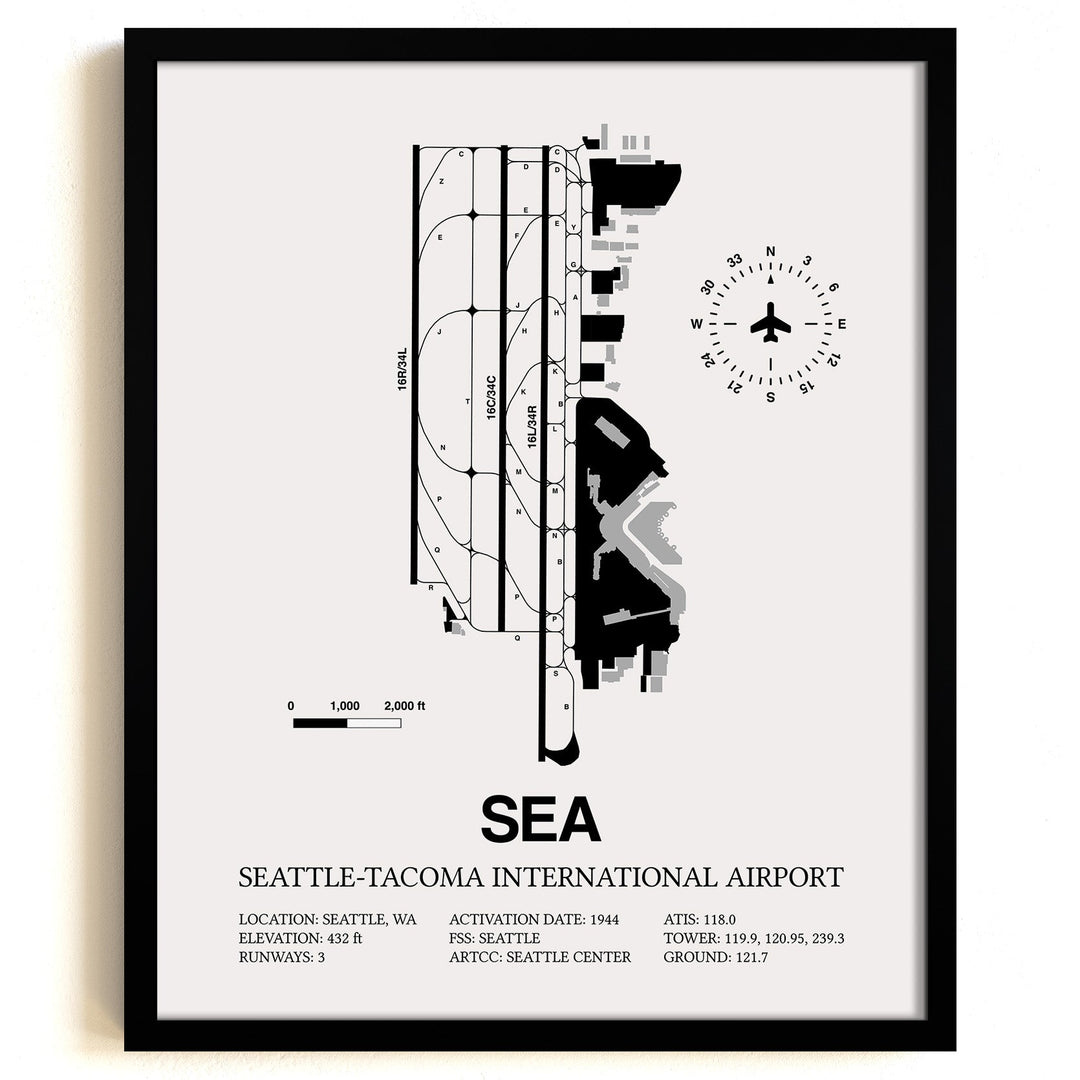 Framed Detailed Airport Map of Seattle Tacoma International Airport (SEA) in White with a Black Frame