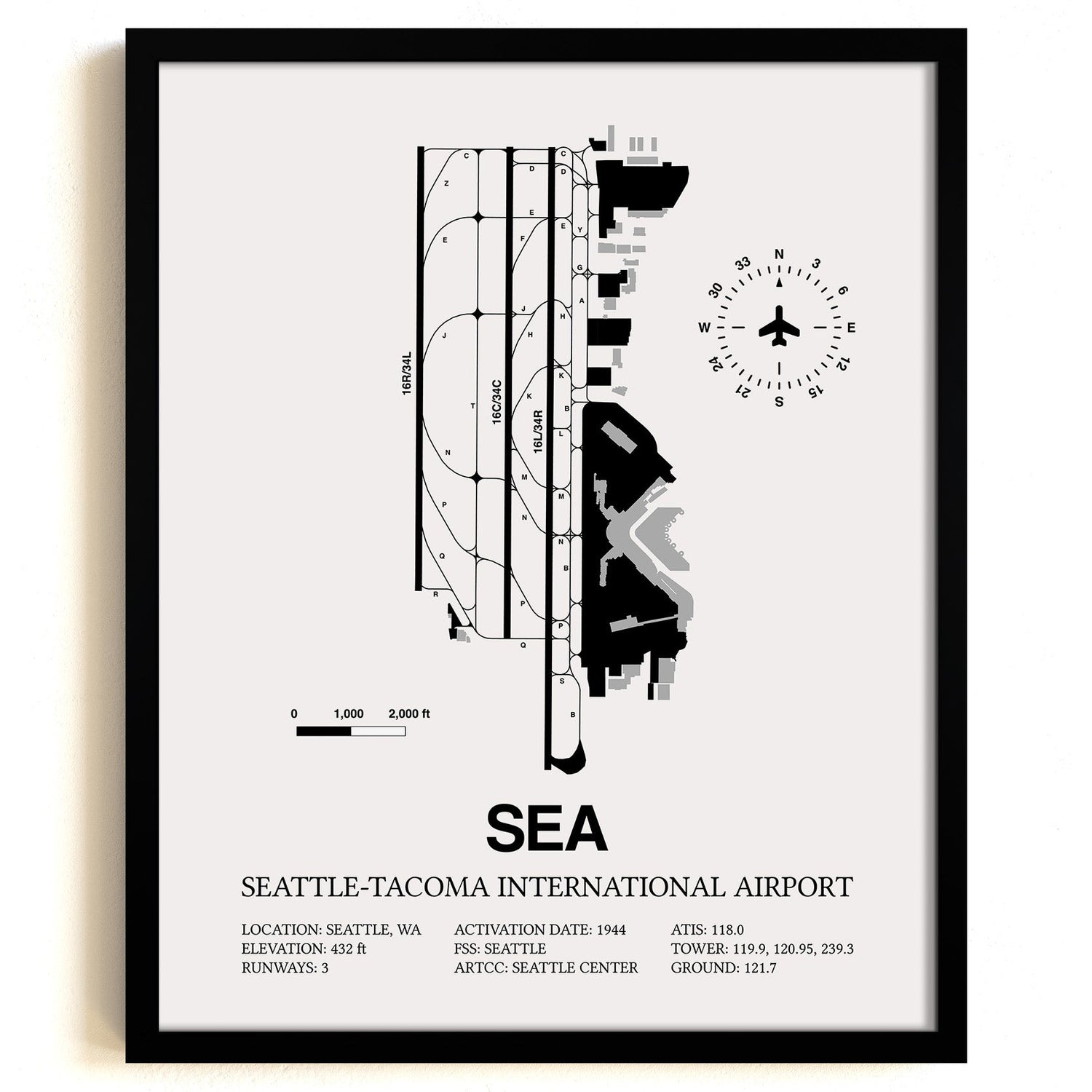 Framed Detailed Airport Map of Seattle Tacoma International Airport (SEA) in White with a Black Frame