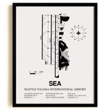 Framed Detailed Airport Map of Seattle Tacoma International Airport (SEA) in White with a Black Frame