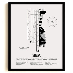 Framed Detailed Airport Map of Seattle Tacoma International Airport (SEA) in White with a Black Frame