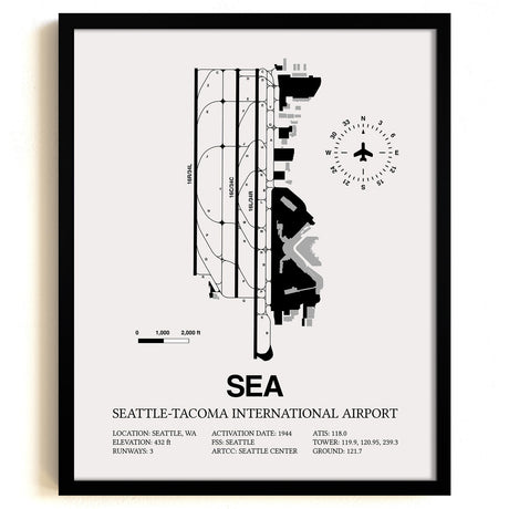 Framed Detailed Airport Map of Seattle Tacoma International Airport (SEA) in White with a Black Frame