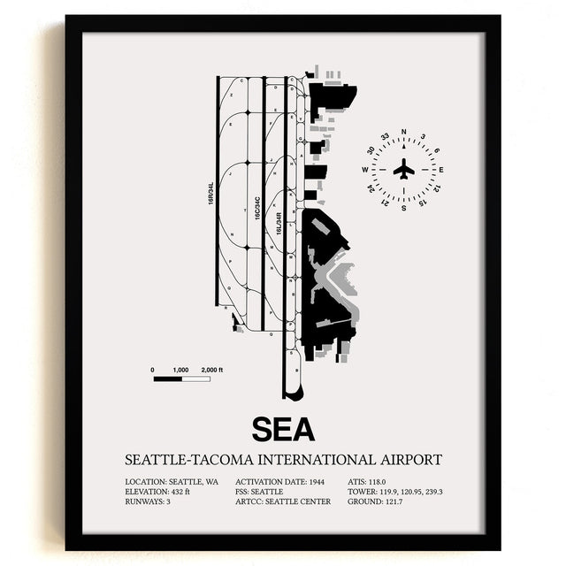 Framed Detailed Airport Map of Seattle Tacoma International Airport (SEA) in White with a Black Frame