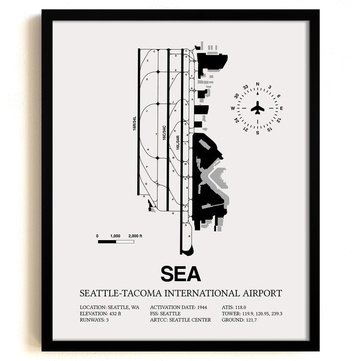 Framed Detailed Airport Map of Seattle Tacoma International Airport (SEA) in White with a Black Frame