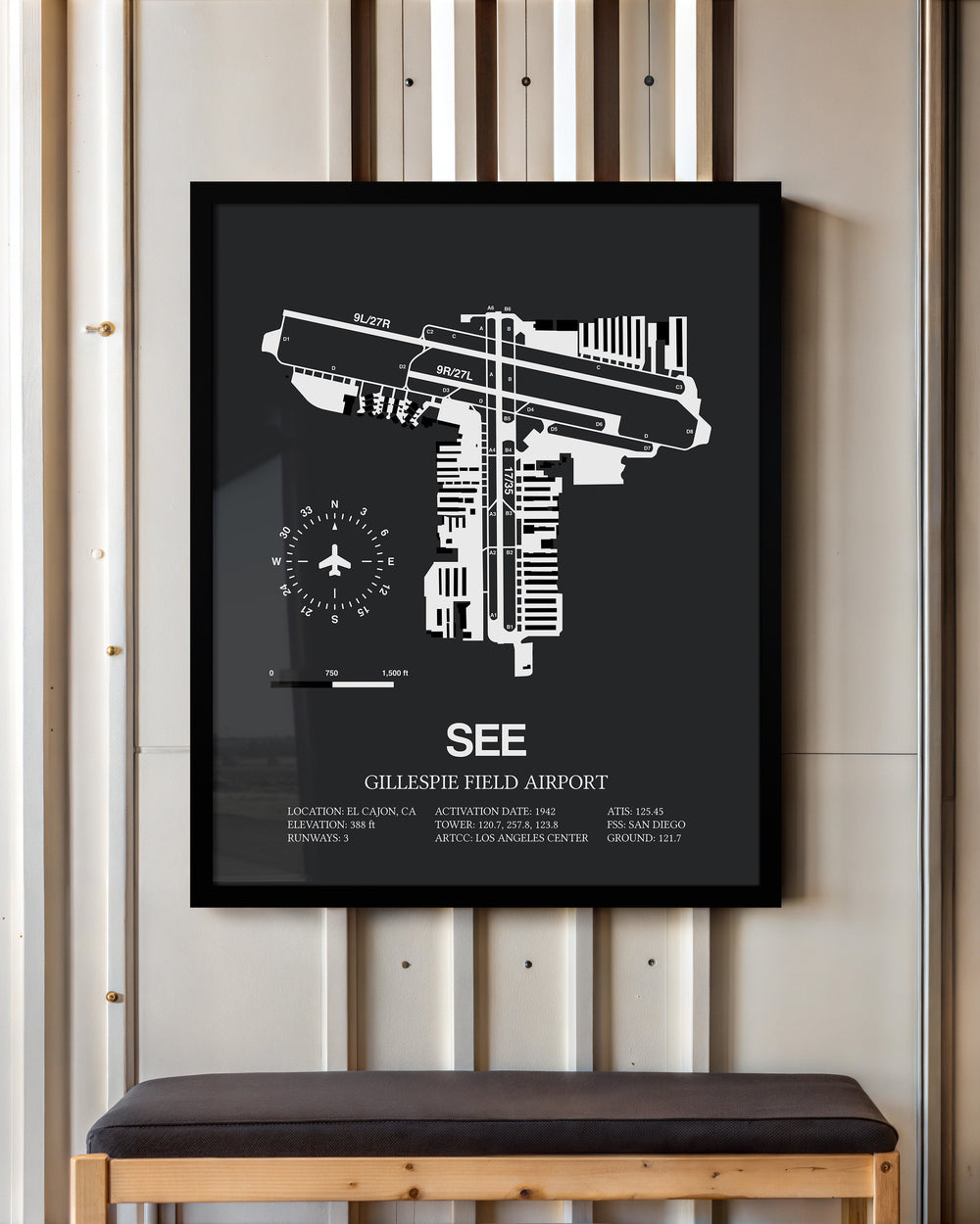 Framed Detailed Airport Map of Gillespie Field Airport (SEE) in Gray with a Black Frame