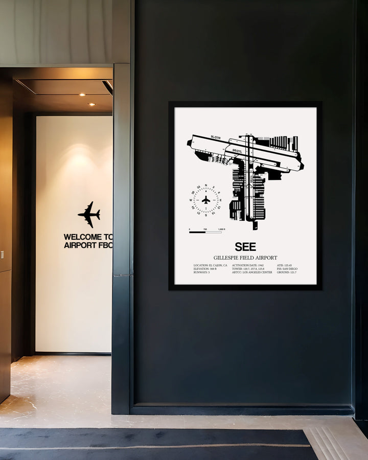 Framed Detailed Airport Map of Gillespie Field Airport (SEE) in White with a Black Frame