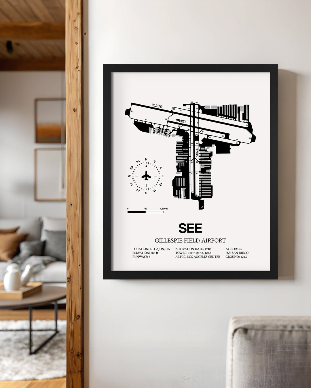 Framed Detailed Airport Map of Gillespie Field Airport (SEE) in White with a Black Frame