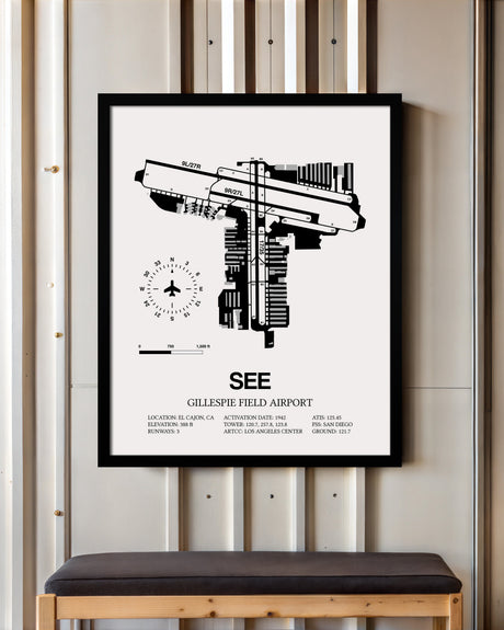 Framed Detailed Airport Map of Gillespie Field Airport (SEE) in White with a Black Frame
