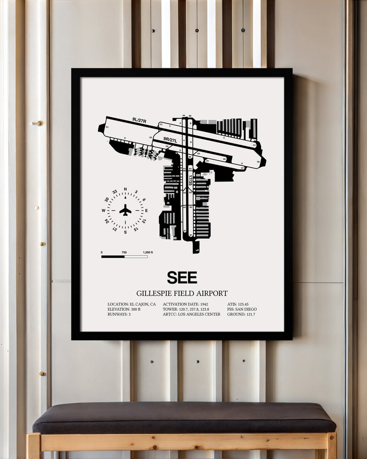Framed Detailed Airport Map of Gillespie Field Airport (SEE) in White with a Black Frame