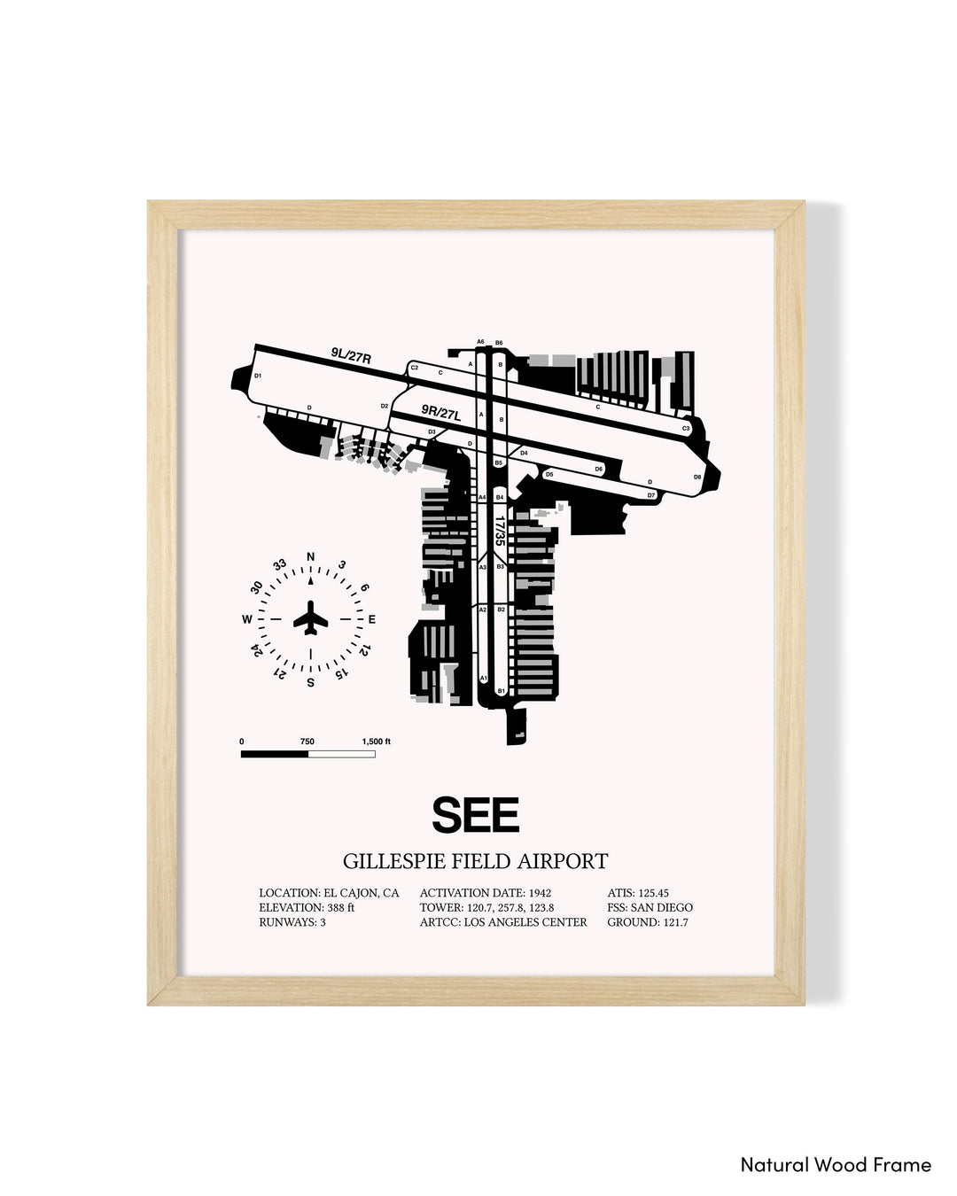 Detailed Airport Map of Gillespie Field Airport (SEE) in White with a Natural Frame