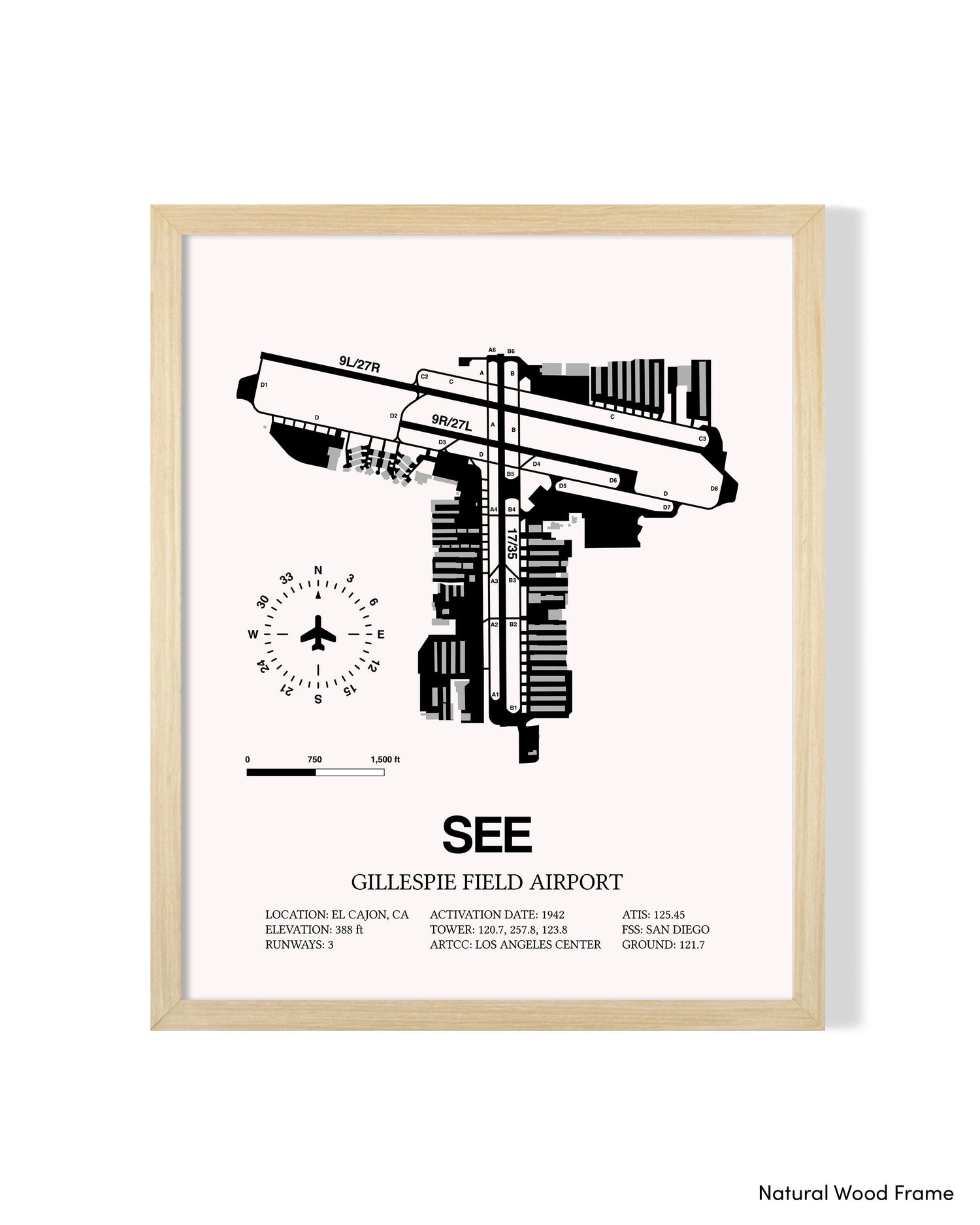 Detailed Airport Map of Gillespie Field Airport (SEE) in White with a Natural Frame