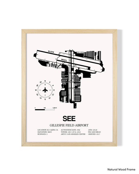 Detailed Airport Map of Gillespie Field Airport (SEE) in White with a Natural Frame