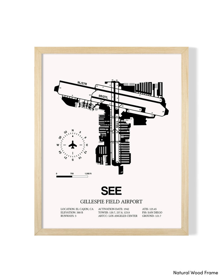 Detailed Airport Map of Gillespie Field Airport (SEE) in White with a Natural Frame