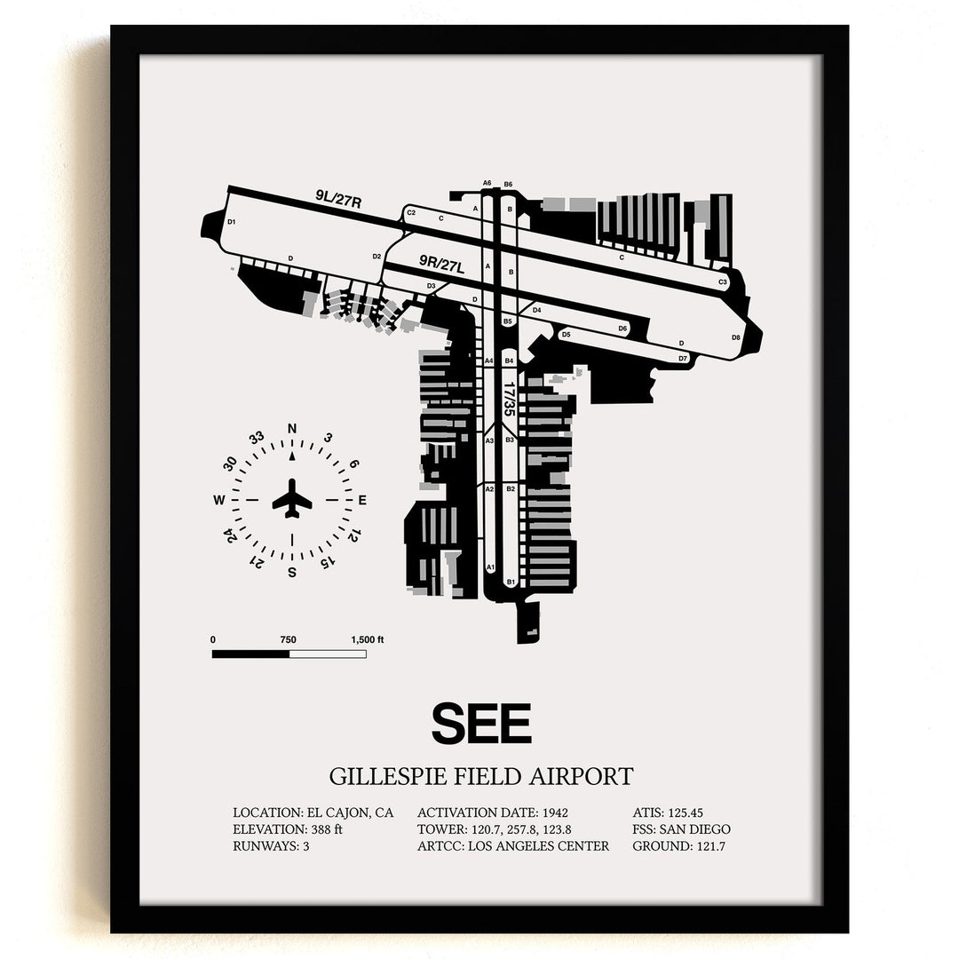Framed Detailed Airport Map of Gillespie Field Airport (SEE) in White with a Black Frame