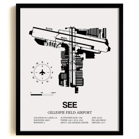 Framed Detailed Airport Map of Gillespie Field Airport (SEE) in White with a Black Frame