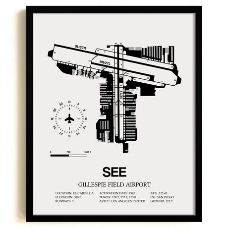 Framed Detailed Airport Map of Gillespie Field Airport (SEE) in White with a Black Frame