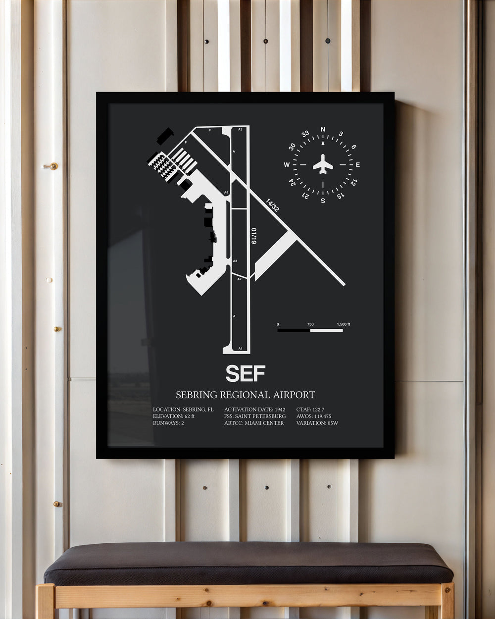 Framed Detailed Airport Map of Sebring Regional Airport (SEF) in Gray with a Black Frame