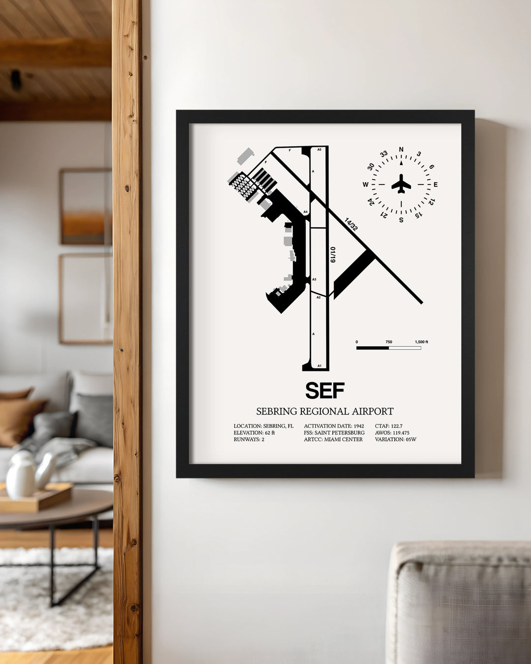 Framed Detailed Airport Map of Sebring Regional Airport (SEF) in White with a Black Frame