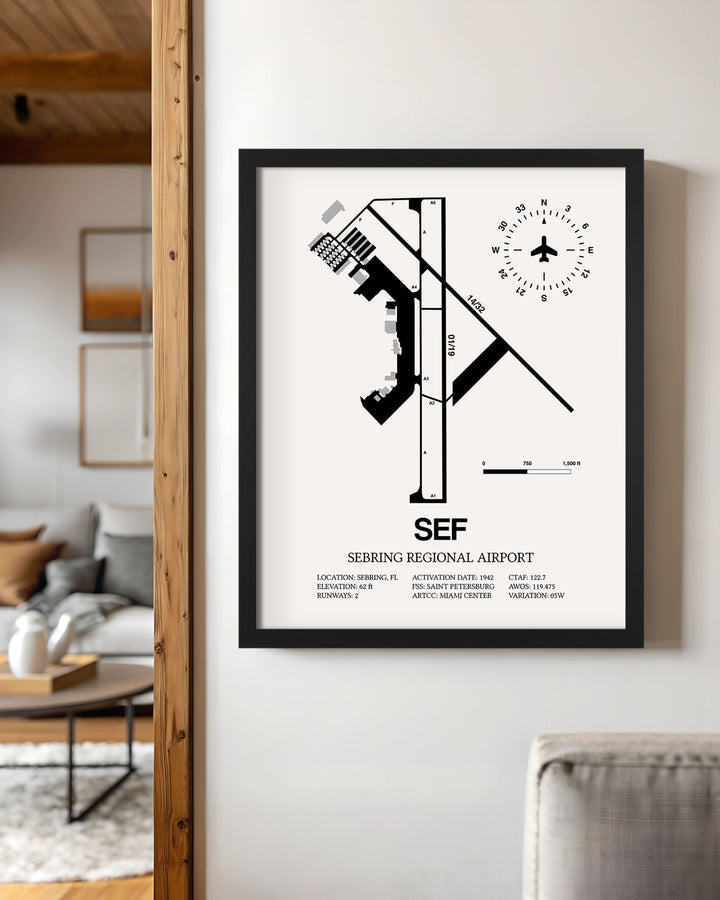 Framed Detailed Airport Map of Sebring Regional Airport (SEF) in White with a Black Frame