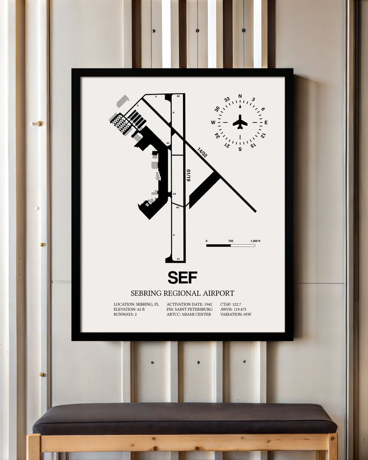 Framed Detailed Airport Map of Sebring Regional Airport (SEF) in White with a Black Frame