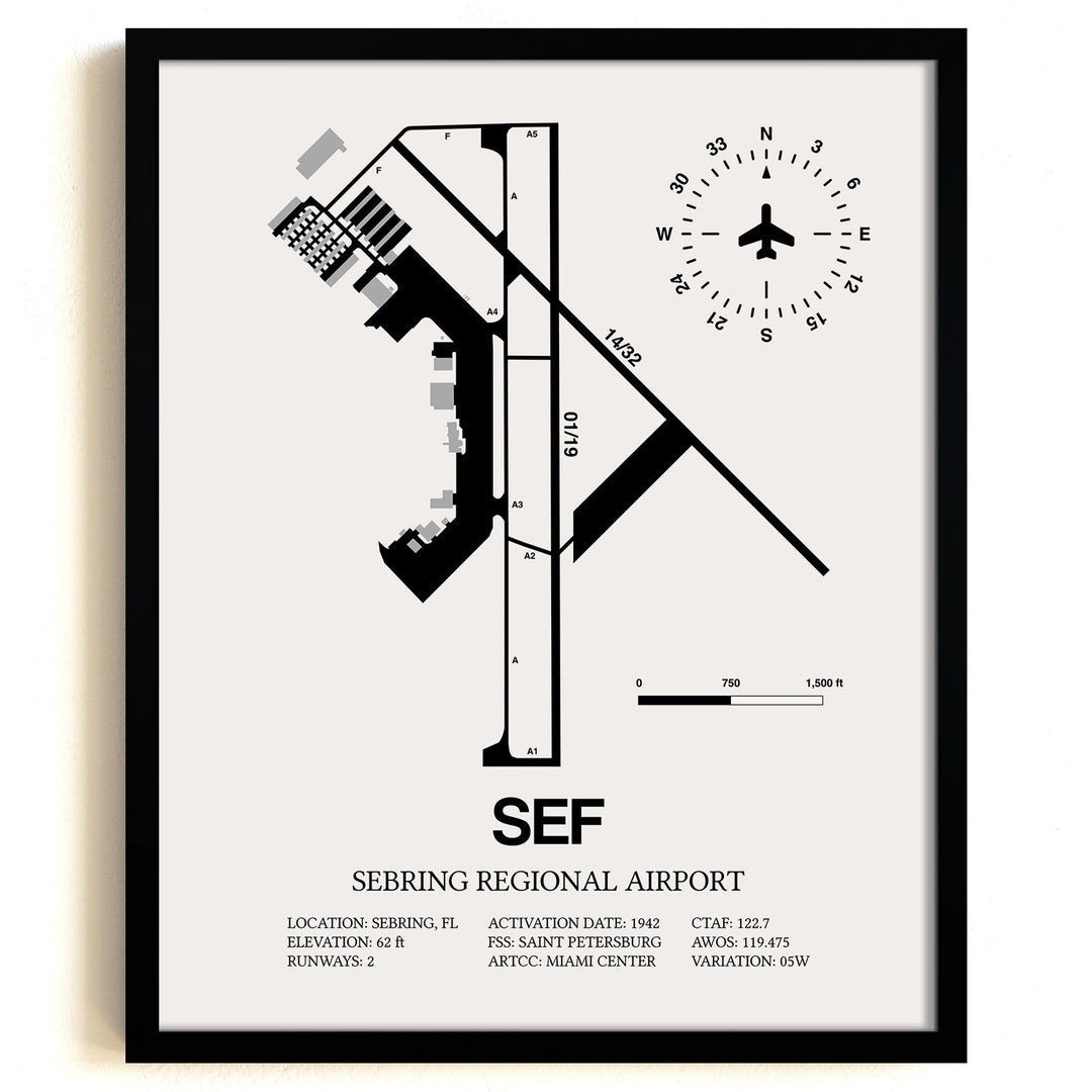 Framed Detailed Airport Map of Sebring Regional Airport (SEF) in White with a Black Frame