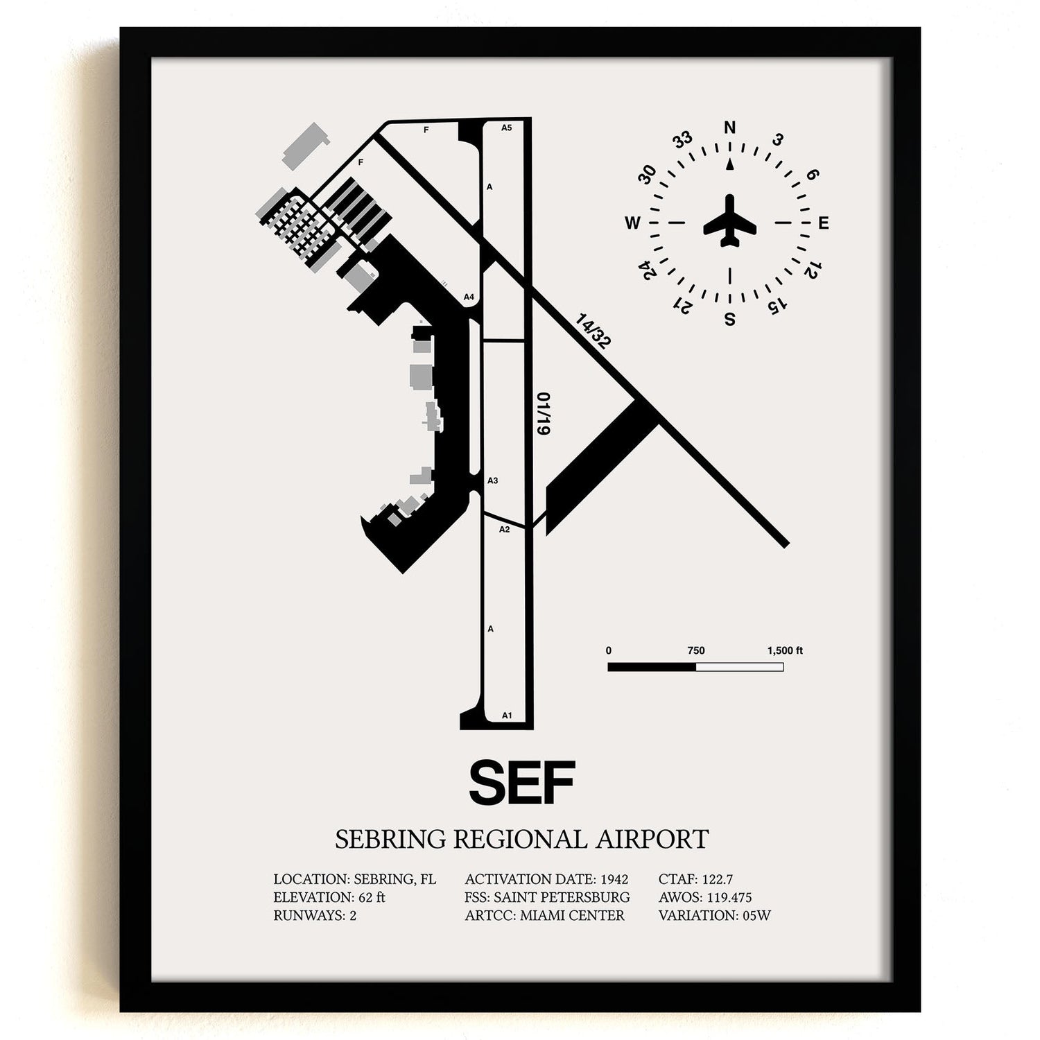 Framed Detailed Airport Map of Sebring Regional Airport (SEF) in White with a Black Frame