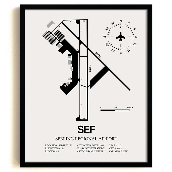 Framed Detailed Airport Map of Sebring Regional Airport (SEF) in White with a Black Frame